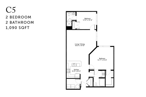 Floor plan for 2 beds, 2 baths, 1090 sqft